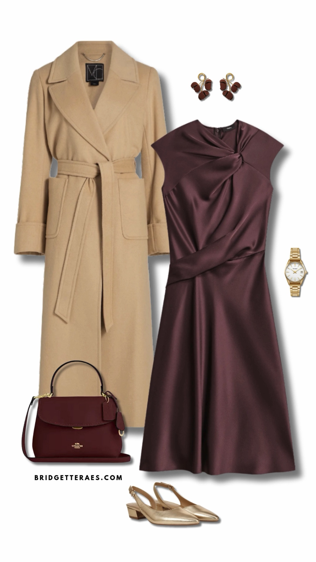 Luxurious yet understated, this outfit pairs a rich burgundy satin dress with a tailored camel wrap coat for the perfect harmony of softness and strength. A classic gold watch and sculptural earrings add polish without overpowering the look. The deep oxblood handbag picks up the tones of the dress for a seamless feel, and gold slingback heels elevate the entire ensemble. Whether you're heading into the office or to a holiday evening networking event, this look is a timeless showstopper.


#LTKootd #LTKWorkwear #LTKHoliday