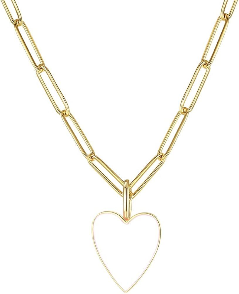 Heart Necklace for Women Girls,Preppy Jewelry Dainty Paperclip Chain Necklace for Women,Cute Pink He | Amazon (US)
