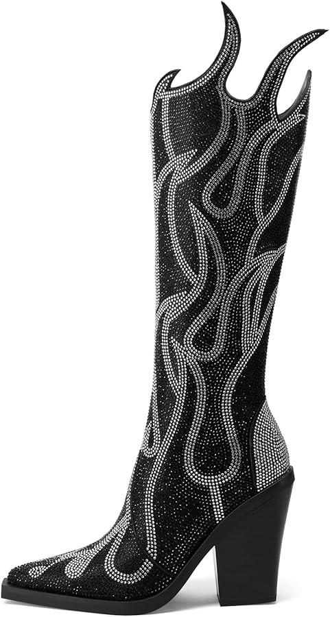 YIYA Women's Rhinestone Flame Pattern Knee High Boots Pointed Toe Chunky High Heel Fashion Side Z... | Amazon (US)