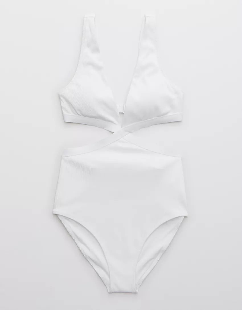 Aerie Ribbed Mix Crossover Cut Out One Piece Swimsuit | American Eagle Outfitters (US & CA)