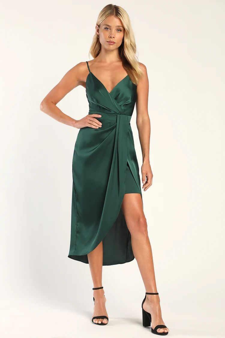 Fabulous Affair Emerald Green Satin Surplice Tulip Midi Dress | Lulus (US)
