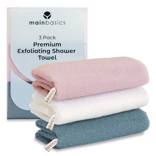 MainBasics Exfoliating Shower Towel - Japanese Nylon Bath Towel and Body Washcloth, Quick-Dry, Durable, Deep Exfoliation (Set of 3, Airy Blossom) | Amazon (US)