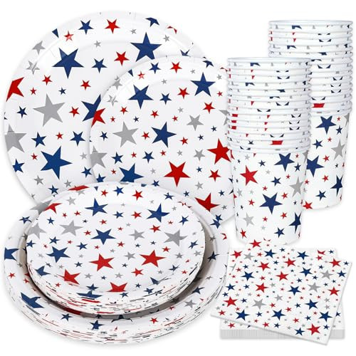 Whaline 96Pcs Patriotic Party Tableware Set with Paper Plates Napkins Cups Red Blue Silver Stars Independence Day Disposable Dinnerware Set for 4th of July Veterans Day Memorial Day Party Table Decor | Amazon (US)