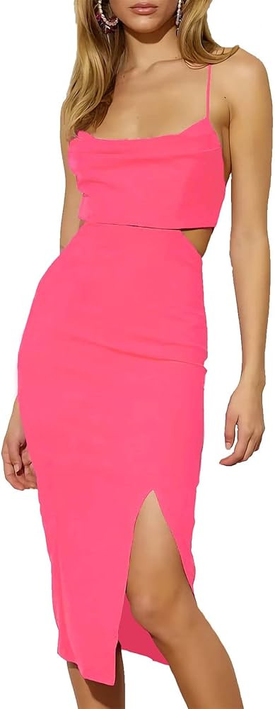 Wrotorea Women's Cowl Neckline Thin Shoulder Strap Cutout Backless Elastic Knitting Tight Party Midi | Amazon (US)