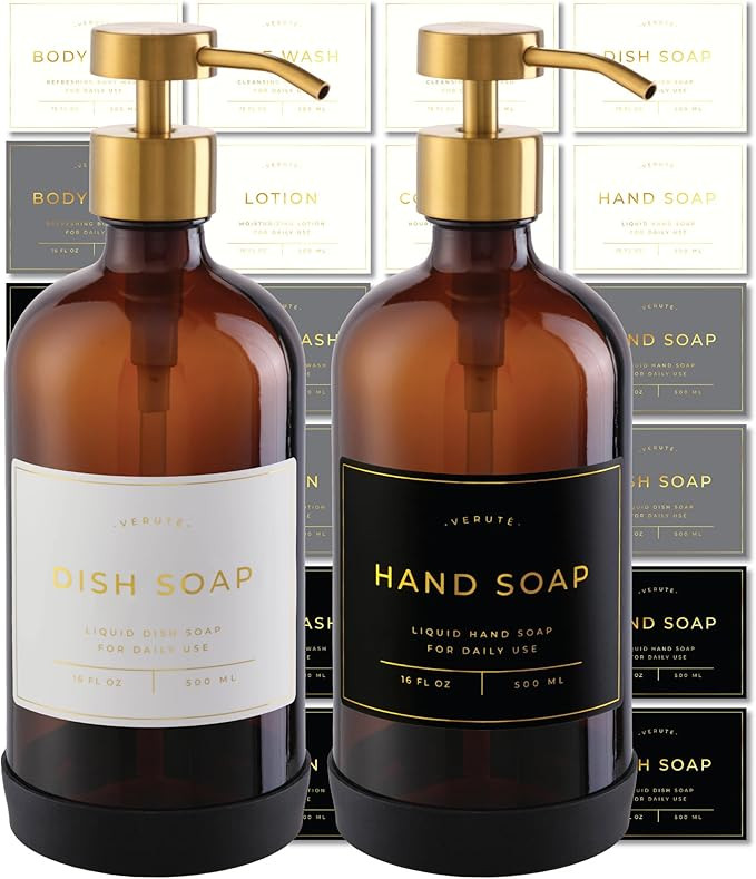 Hand and Dish Soap Dispenser for Kitchen and Bathroom, Set of 2 16 Oz Glass Bottles, Stainless St... | Amazon (US)
