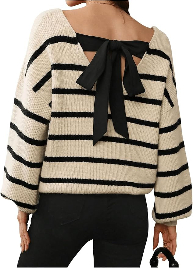 GORGLITTER Women's Bow Tie Back Sweater Striped Long Sleeve Backless V Neck Sweaters Pullover Top... | Amazon (US)