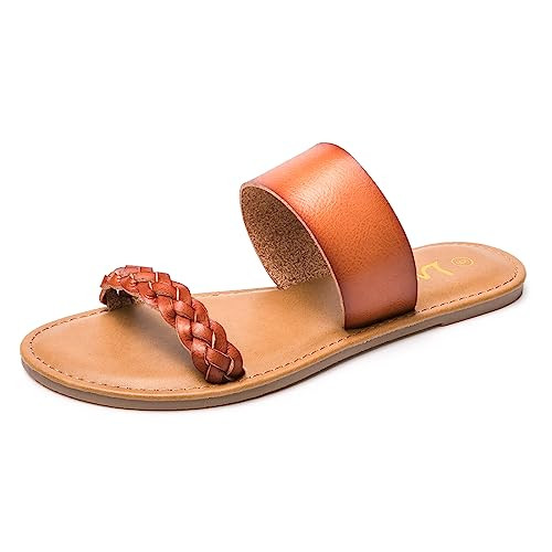 LM Women's Braided Slide Sandals Open Toe Two Strap Slip On Flat Sandals Casual Summer Shoes (6, Dk Brown) | Amazon (US)