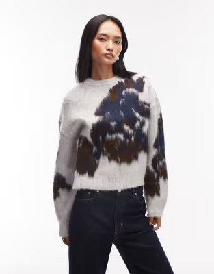 ASOS DESIGN knit brushed floral sweater in gray | ASOS (Global)