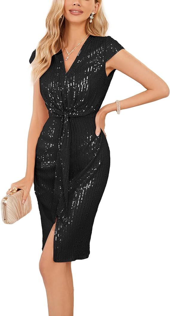 GRACE KARIN Sequin Sparkly Dresses for Women Glitter Front Tie Cap Sleeves V Neck Midi Bodycon Co... | Amazon (US)
