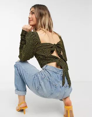 Collective the Label puff sleeve ruched top set in black ochre heart print | ASOS (Global)
