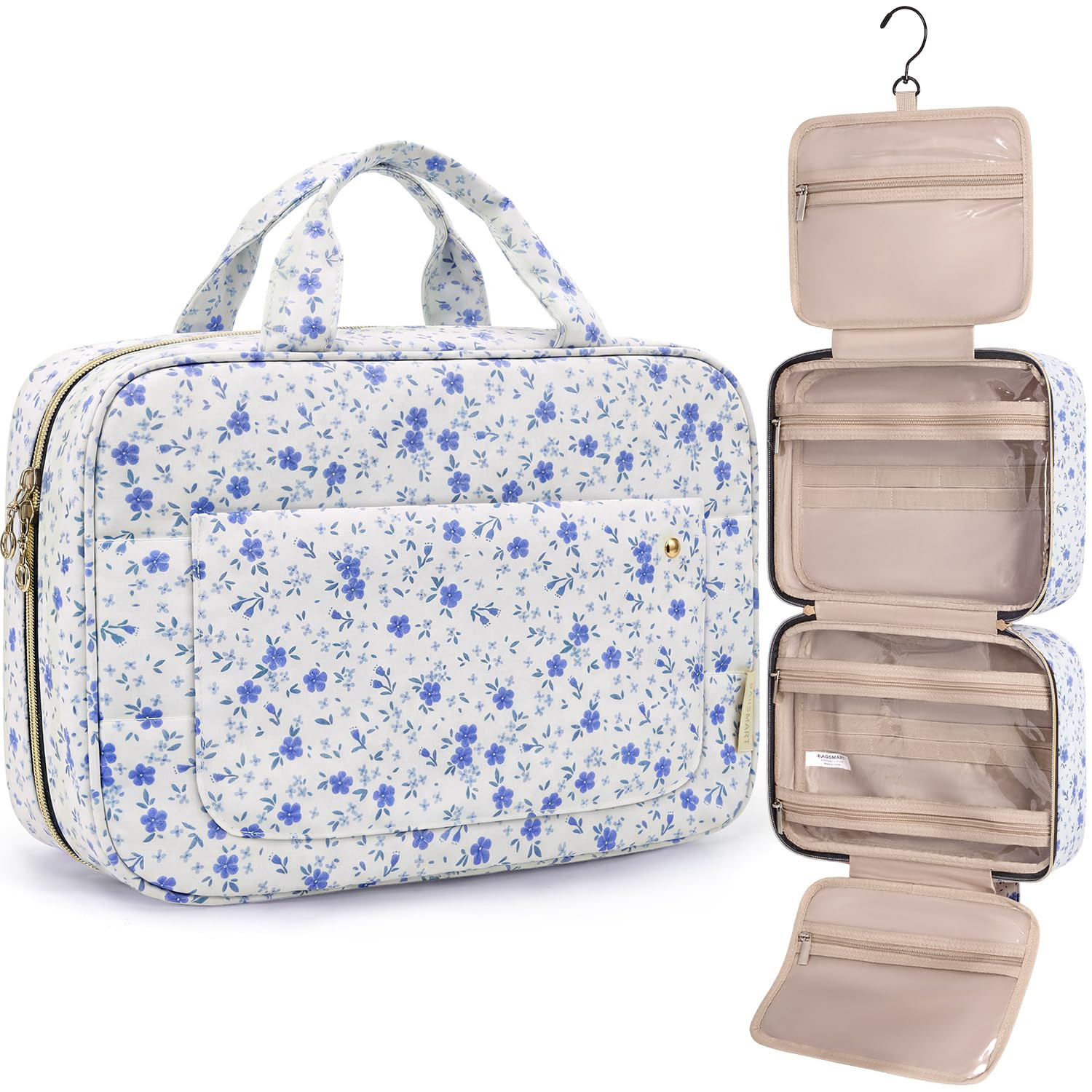 BAGSMART Toiletry Bag Travel Bag with Hanging Hook, Water-resistant Makeup Cosmetic Bag Travel Organizer for Accessories, Shampoo, Full-size Container, Toiletries (Blue Ditsy Floral, Medium | Amazon (US)
