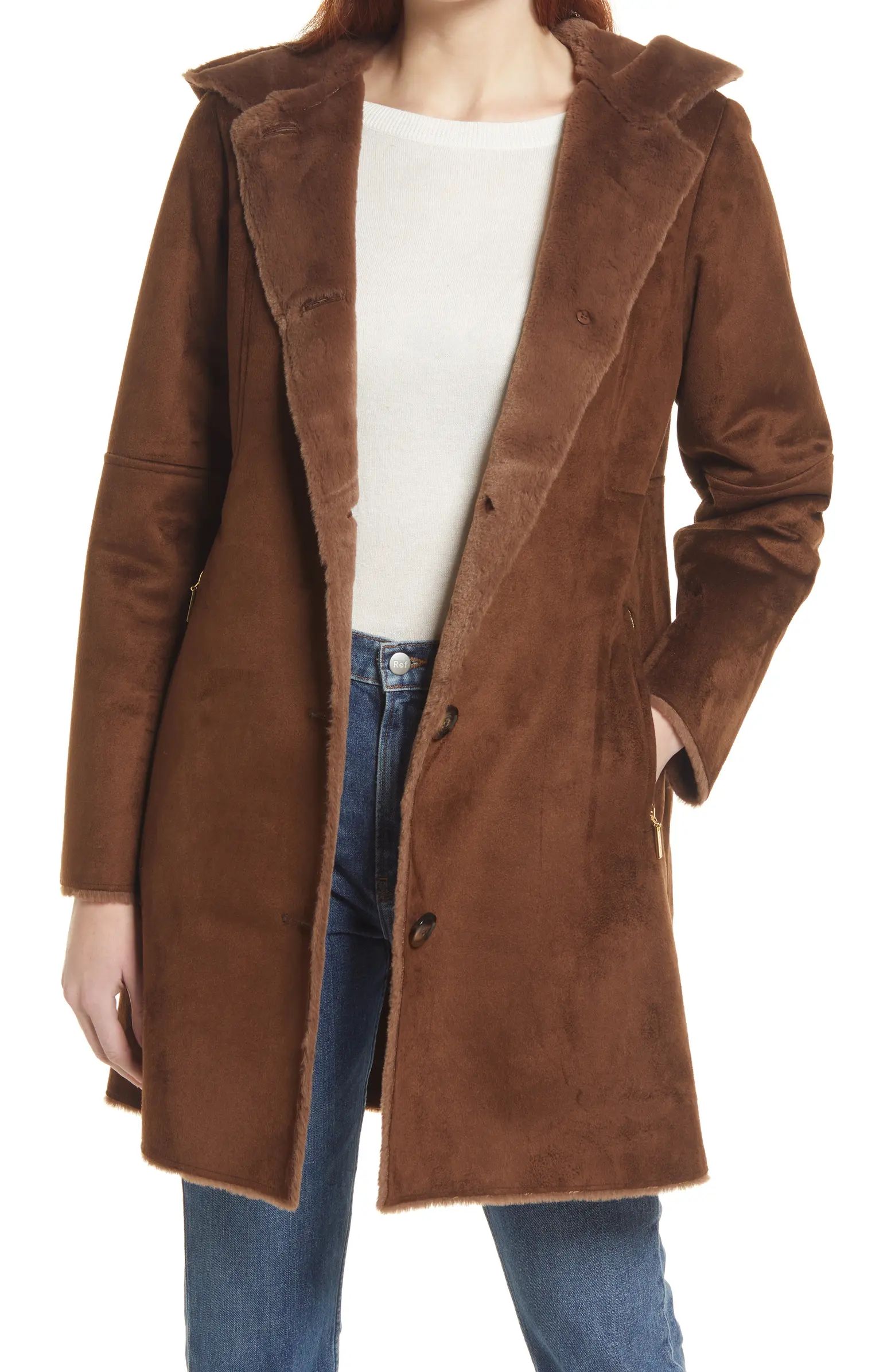 Hooded Faux Shearling Long A-Line Coat | Nordstrom