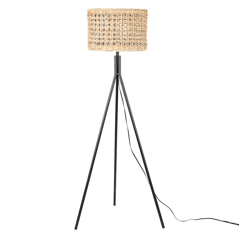 Black Metal Tripod Floor Lamp with Seagrass Shade, 60" | At Home