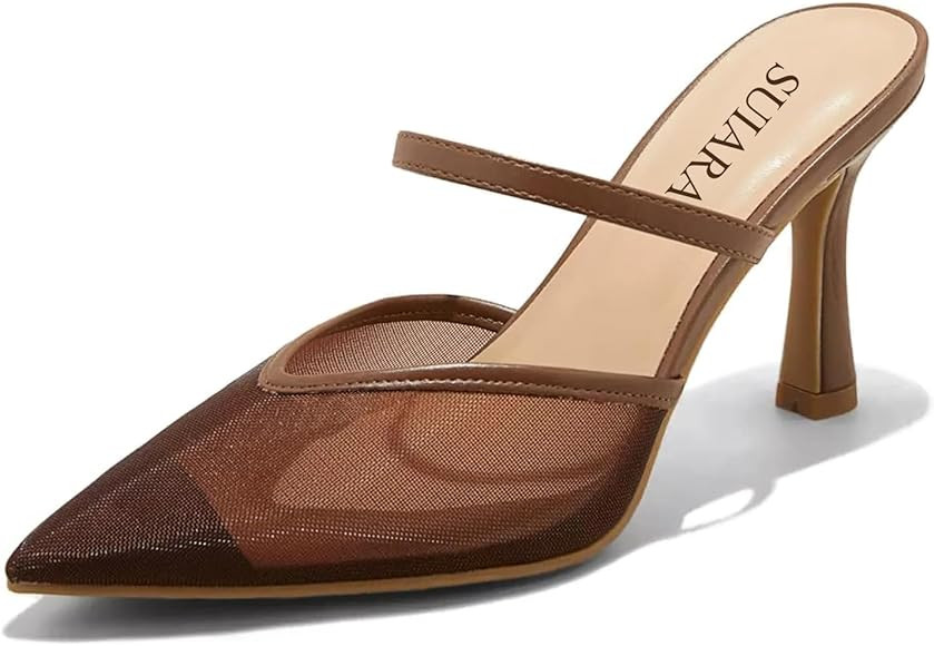 Mesh Kitten Heels for Women Pointed Closed Toe Mule Heeled Sandals Sexy Slip On Dress Shoes | Amazon (US)