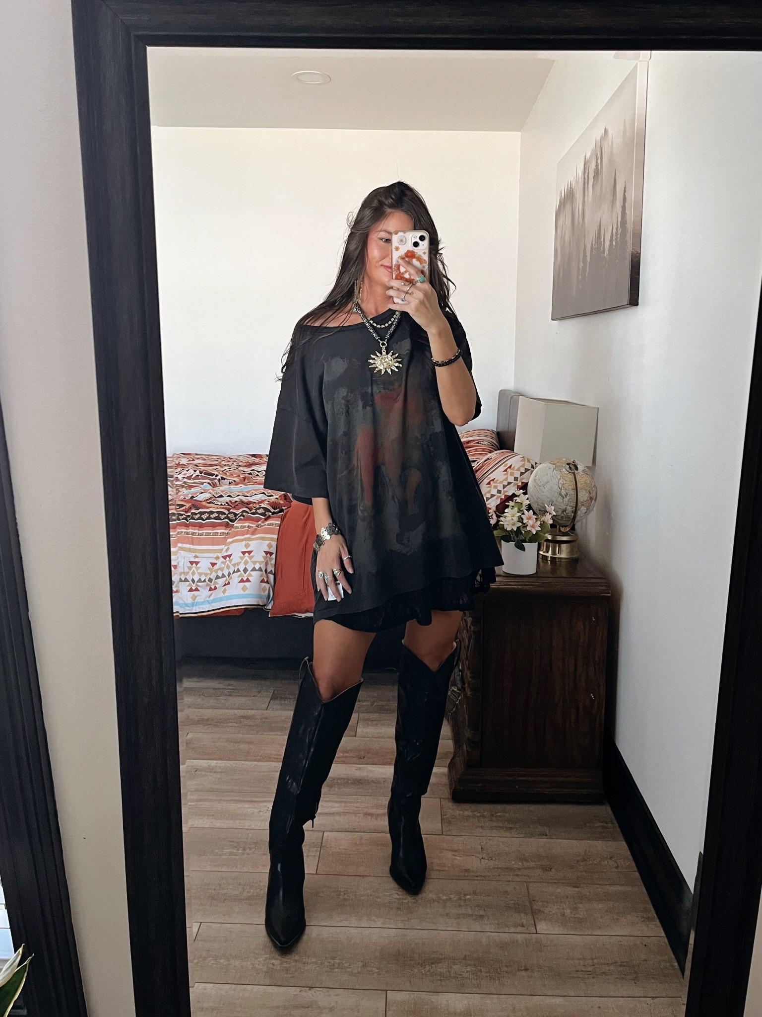 Oversized tee (wearing medium) paired with lace skort and black knee high boots! Code LORI20 to save on statement pendant and necklace. Code LORIG30 to save on boots 

#LTKShoeCrush #LTKFallSale #LTKPetite