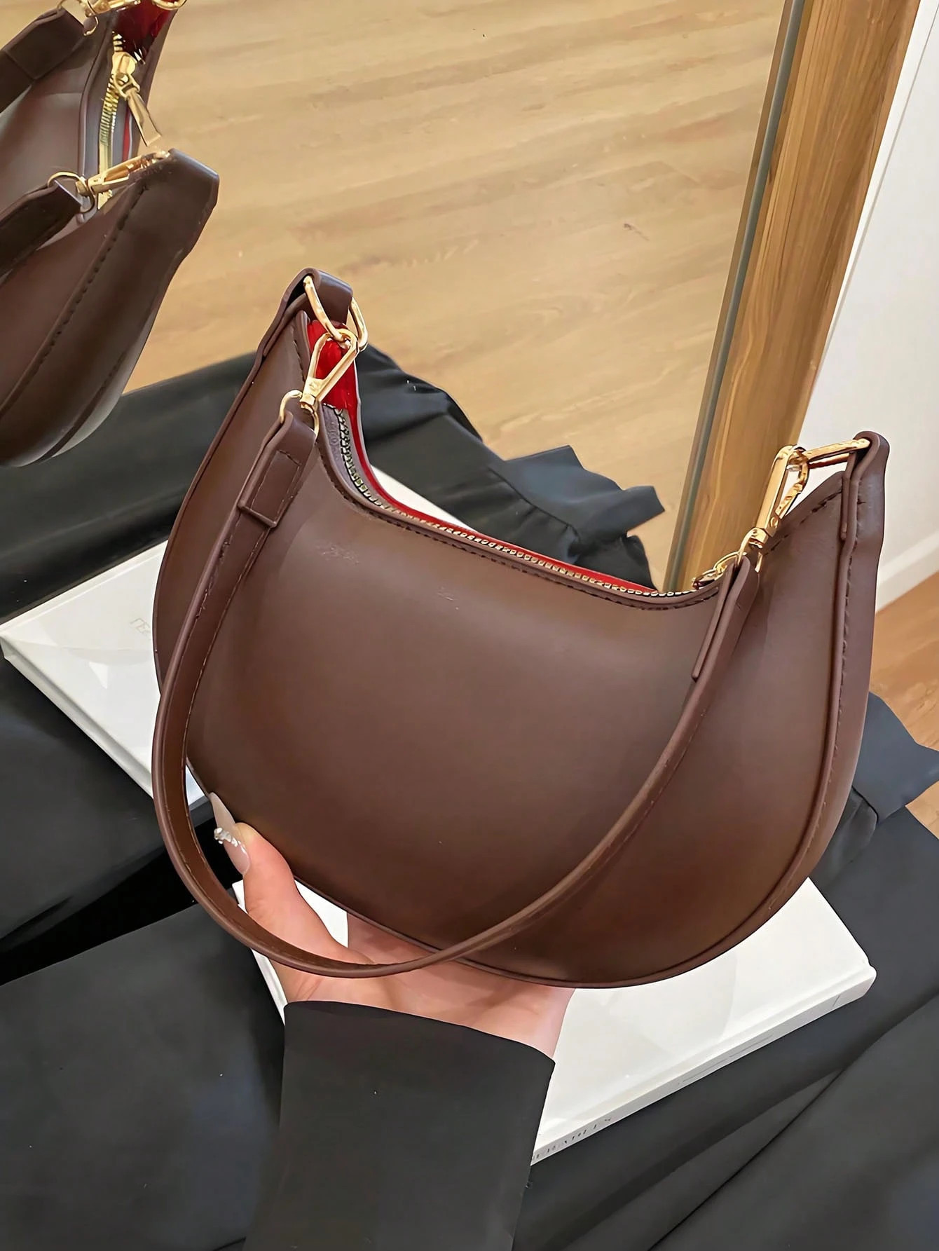 Coffee Brown Crescent Shaped PU Leather Shoulder Handbag, Simple & Stylish, Women, Autumn/Winter,... | SHEIN