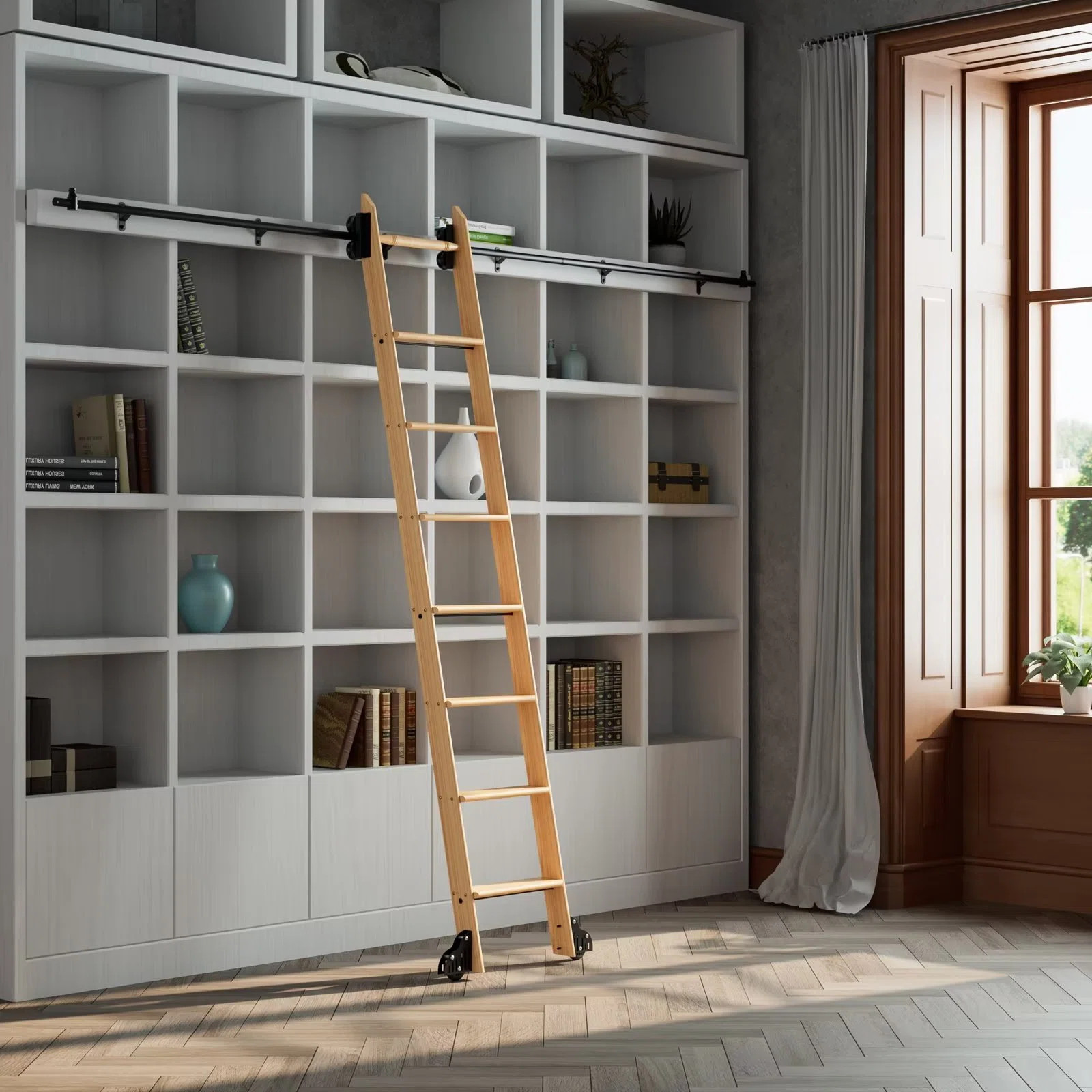 WFX Utility™ Bassford Rolling Library Ladder Hardware Kit with 7.78 Foot  Oak Wooden Ladder | W... | Wayfair North America