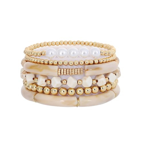 GOOJIDS Simple Beaded Gold Plated Bangles Bracelet Chunky Bamboo Tube Curved Stacking Clear Acrylic Colorful Beads Stretchable Gold Plated Bracelets Set For Women | Amazon (US)