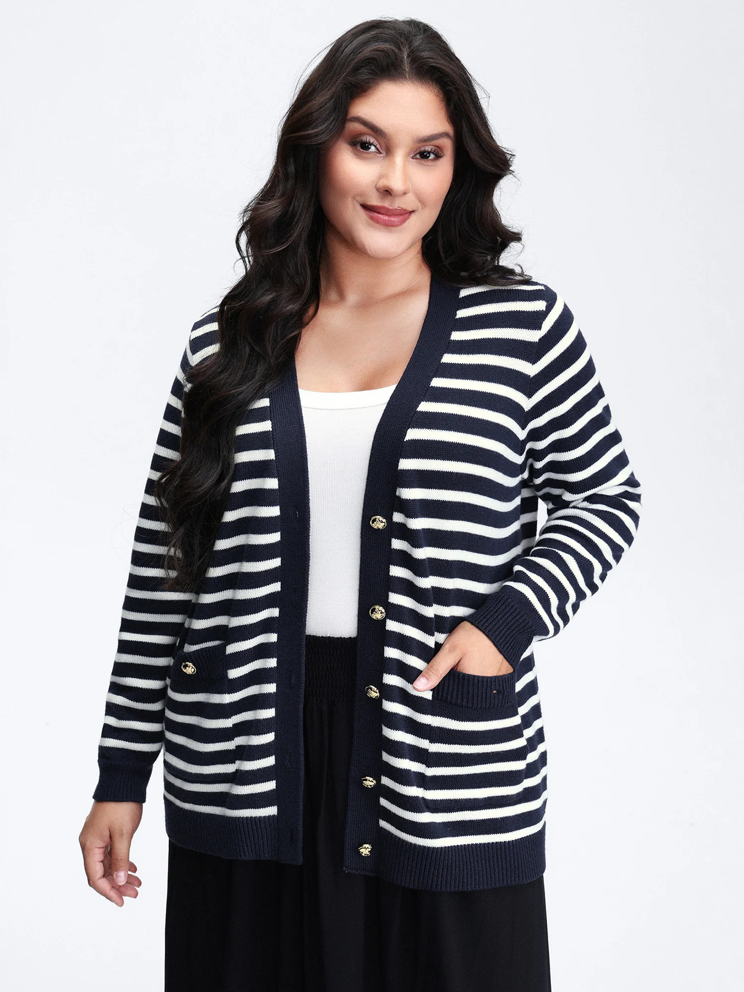 Wool-Blend Stripe Button Pockets Knit Cardigan | Bloomchic