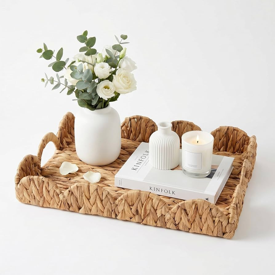 Rectangle Wicker Scalloped Tray, Rattan Serving Trays with Handles, Seagrass Basket for Decorativ... | Amazon (US)