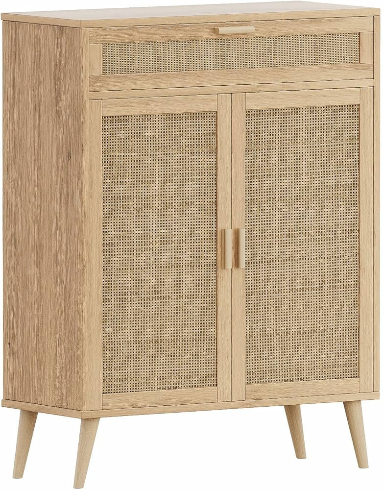 Rovaurx Accent Floor Storage Cabinet with Rattan Doors, Bathroom Cabinet with Large Drawer, Frees... | Amazon (US)