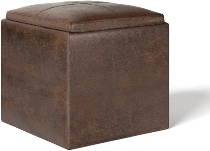 SIMPLIHOME Rockwood 18 Inch Wide Contemporary Square Cube Storage Ottoman with Tray in Distressed... | Amazon (US)
