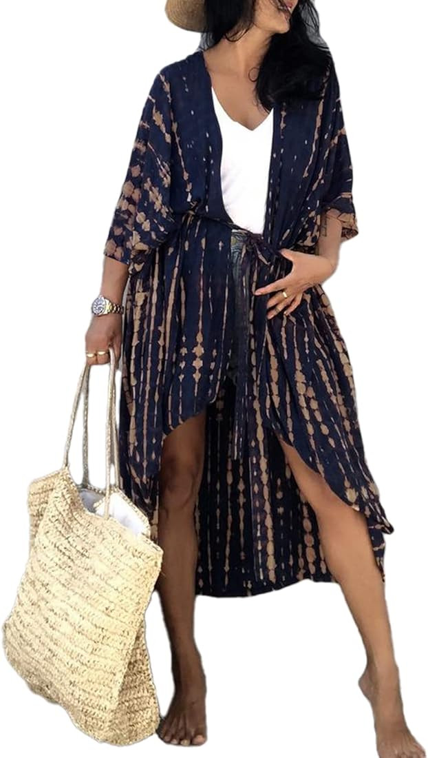 Hount Women's Swimsuit Beach Cover Up Tie Dye Open Front Long Kimono Bikini Beachwear Bathing Sui... | Amazon (US)