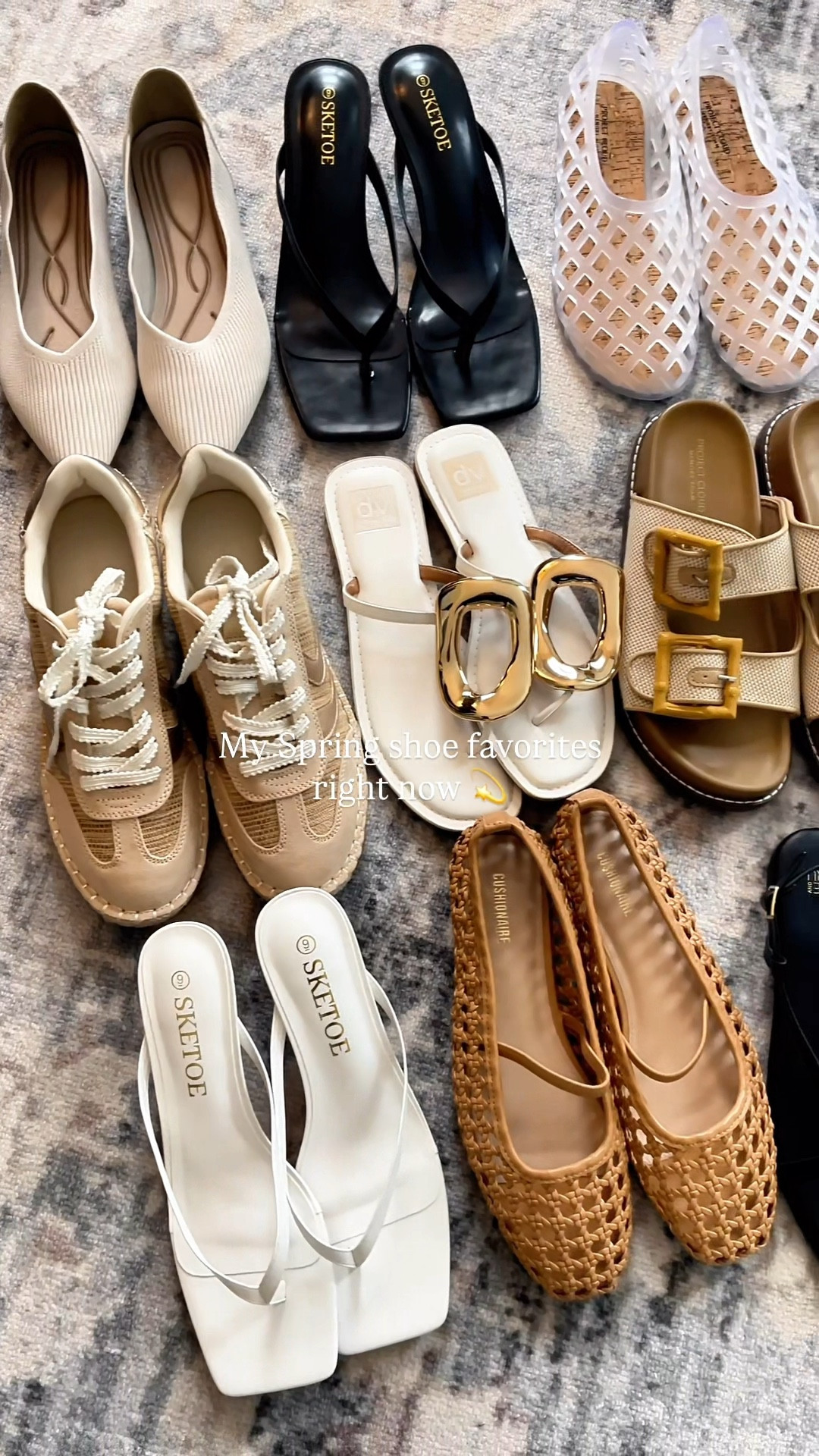 Spring shoe favorites! Most from Amazon , Target or Walmart so very affordable! I sized 1/2 down in the tan sneakers from Target. The Walmart black sandals took a few days to break in but otherwise comfortable afterwards. I size down 1/2 in the clear jelly flats. ￼

#ltkover40 #ltkseasonal
#LTKspringtrends 

 #ltkseasonal #ltkover40


