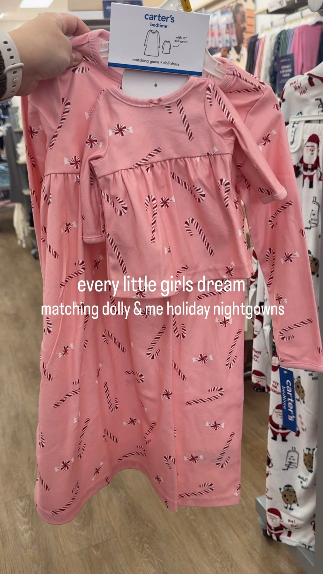 There are 3 colorways of these adorable dolly & me matching Christmas matching night gowns. 
BONUS is that there are matching sibling & parent 2 piece pajama sets / zip up onesies too !! 