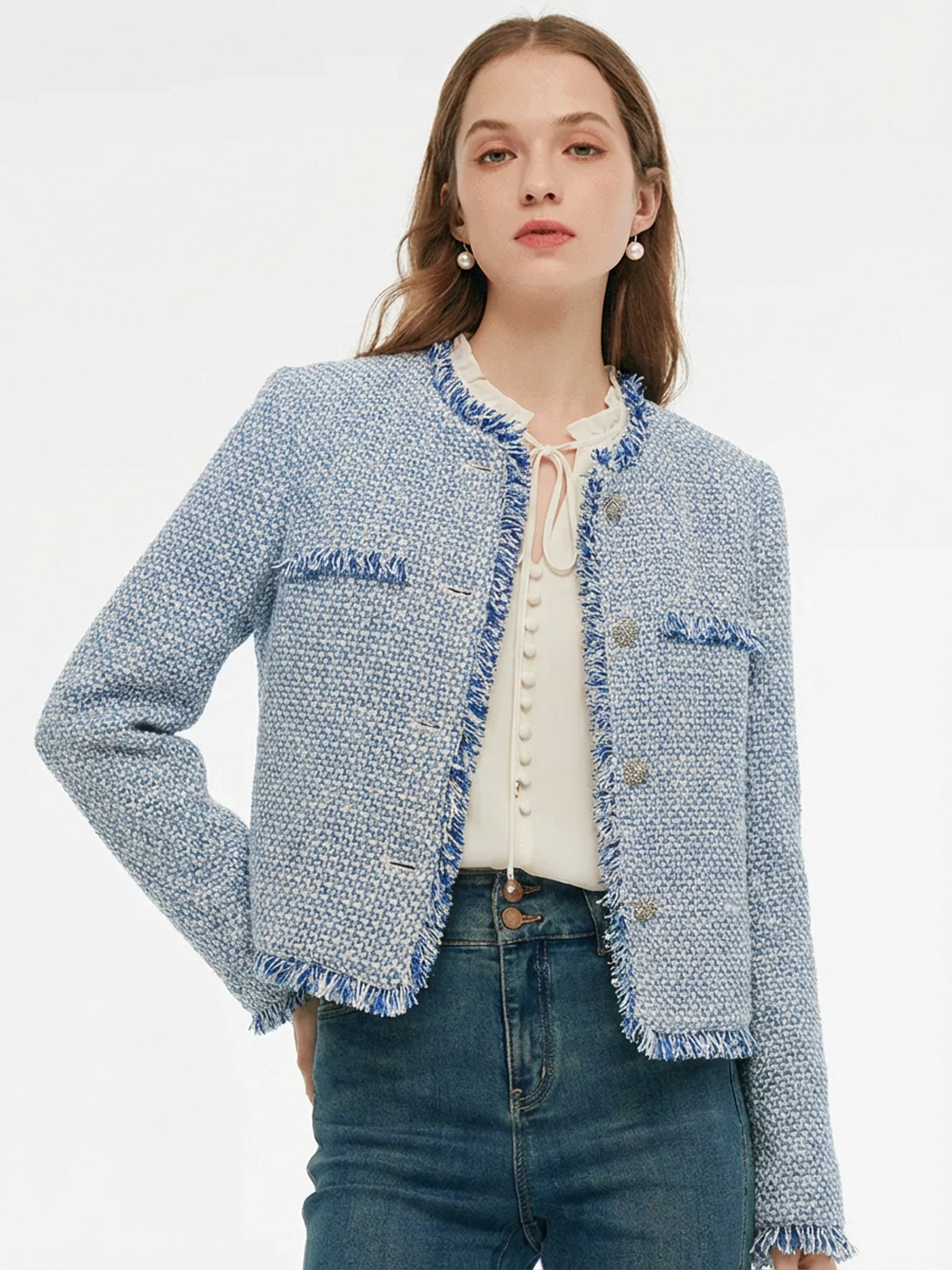 Tweed Fringe Trim Women Jacket - Blue and White Jacquard / L | GOELIA