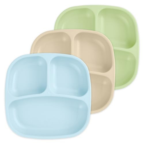 Re-Play Toddler Plates with Dividers - Deep-Walled 3 Compartments Divided Plates for Kids - Dishwasher & Microwave Safe - Made in USA - Set of 3-7.37" x 7.37" x 1.25" - Beach Baby | Amazon (US)