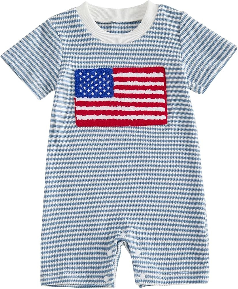 Newborn Baby Boy 4th of July Clothes Flag Embroidery Jumpsuit Waffle Short Sleeve Romper Onesie 3... | Amazon (US)