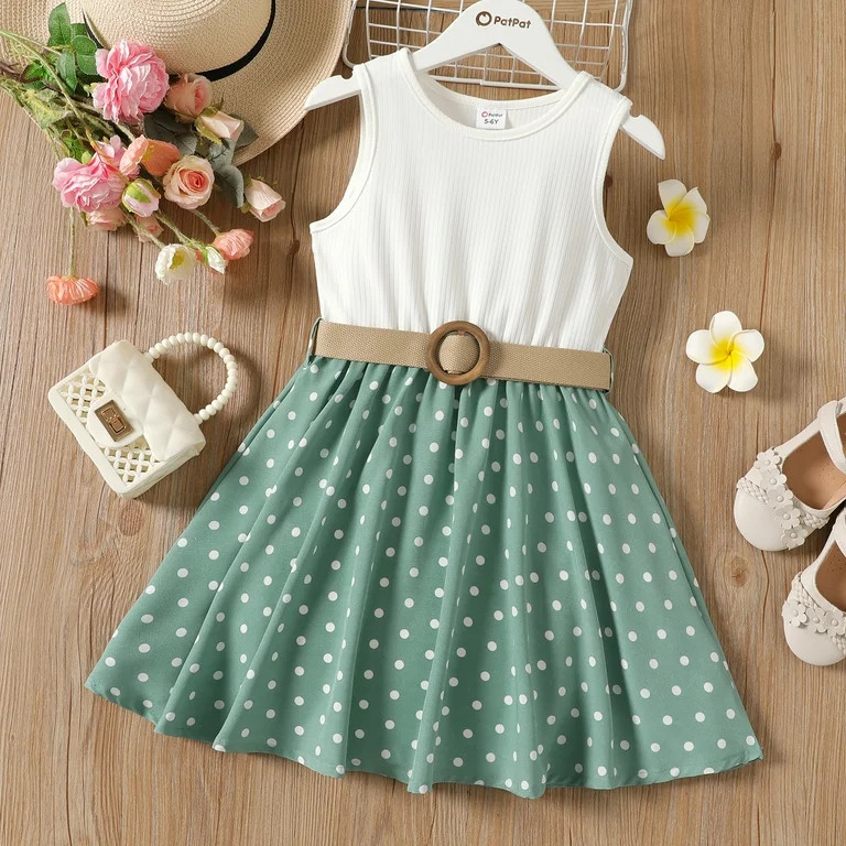 PatPat 2pcs Girl Dress Polka Dots Ribbed Splice Sleeveless Dress & Belt Size 5-13 | Walmart (US)