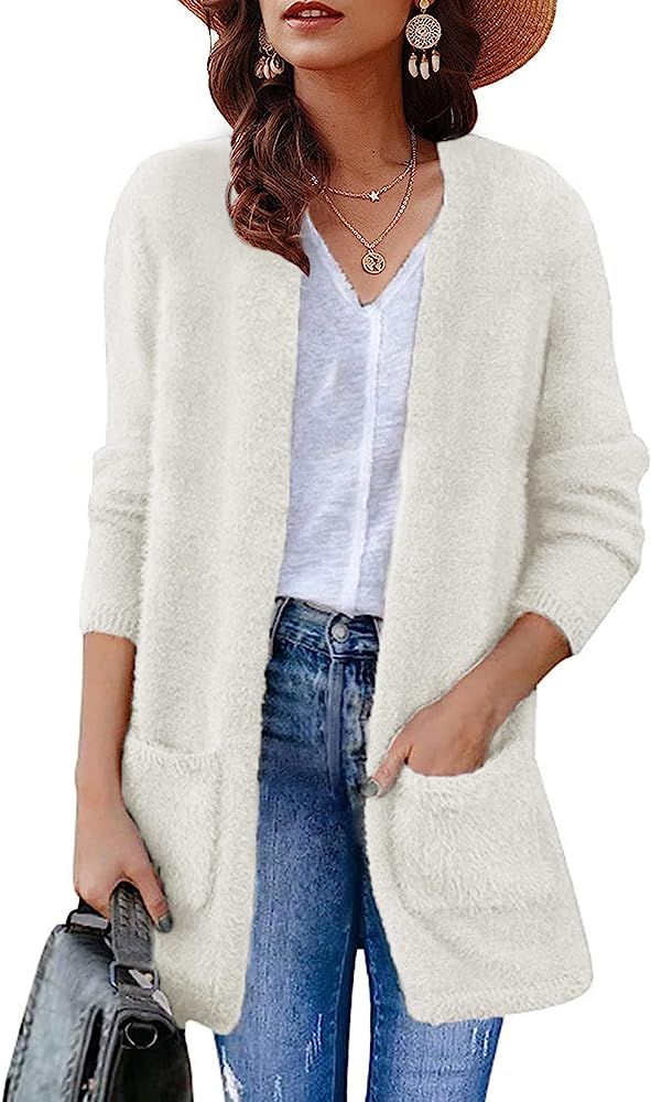 ZESICA Women's Fuzzy Cardigan Long Sleeve Open Front Casual Knit Sweater Outerwear | Amazon (US)