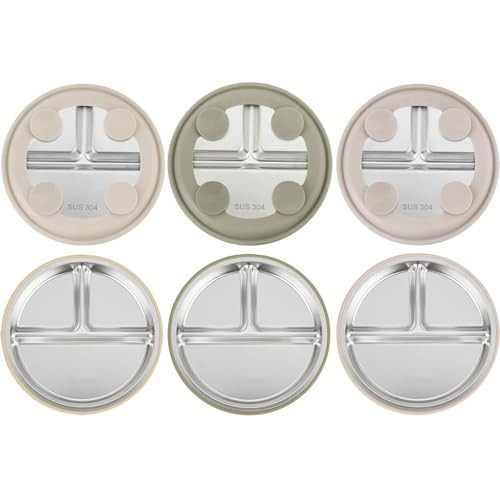 PandaEar 3 Pack Stainless Steel Baby Suction Plates, Divided Toddler Plate for Baby Led Weaning Supplies, Non-Slip Toddler Baby Feeding Set Dishwasher Safe (Linen/Brown/Tan) | Amazon (US)