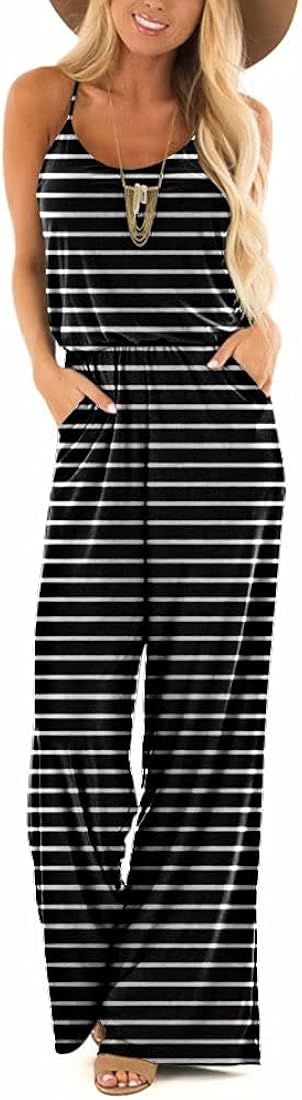 Lacozy Womens Casual Loose Sleeveless Spaghetti Strap Wide Leg Pants Jumpsuit Rompers | Amazon (US)