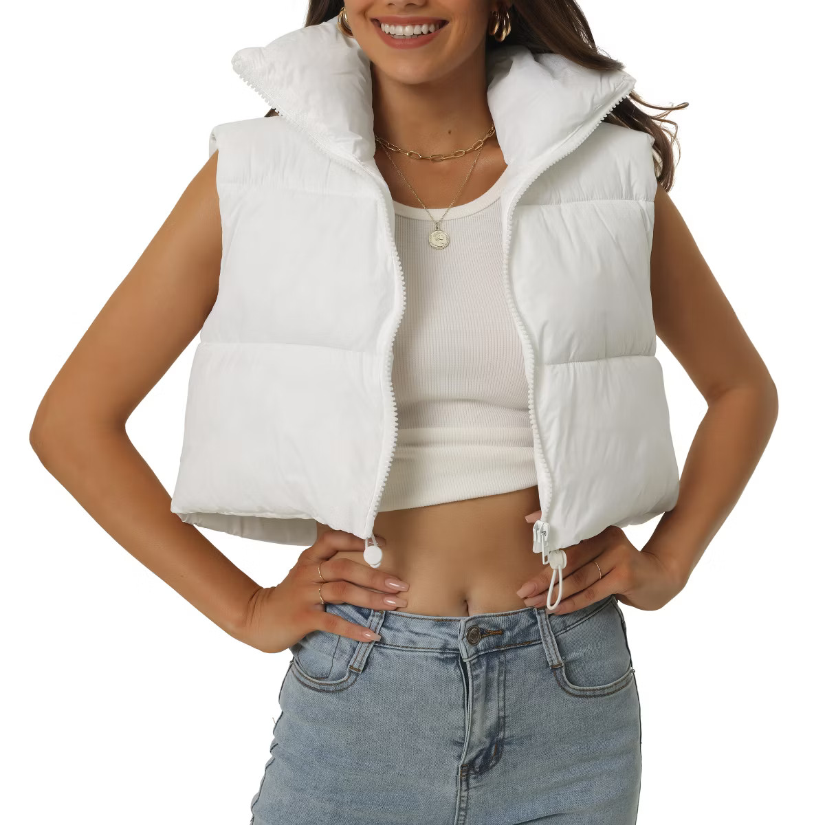Seta T Women's High Stand Collar Lightweight Zip Puffer Crop Padded Vest White X-Large | Target
