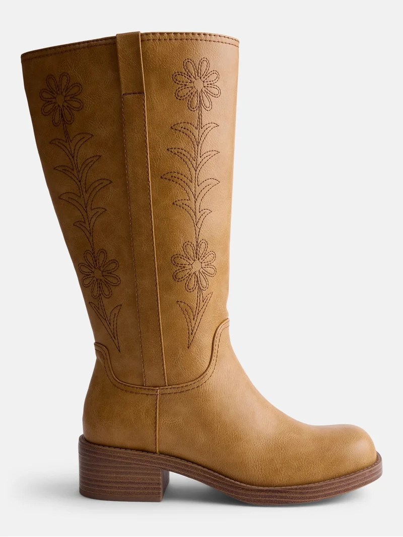 No Boundaries Women's Floral Embroidered Block Heel Boots | Walmart (US)