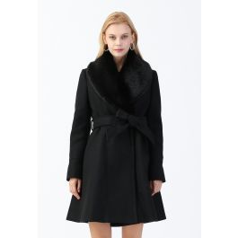 Faux Fur Collar Belted Flare Coat in Black | Chicwish