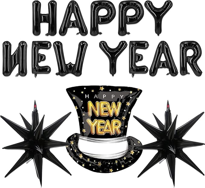 New Year Balloons Black Happy New Year Balloons NYE Balloon Star Hat Balloon for New Years Eve Pa... | Amazon (US)