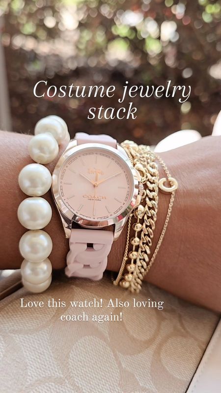 Costume jewelry stack! Probably my favorite gold bracelets. The reviews are great! I wear them daily.  They don't turn easily unless you get careless with the water near them.  My coach watch is a new arrival! It's the softest pink color and I LOVE it!

#LTKVideo #LTKGiftGuide #LTKStyleTip