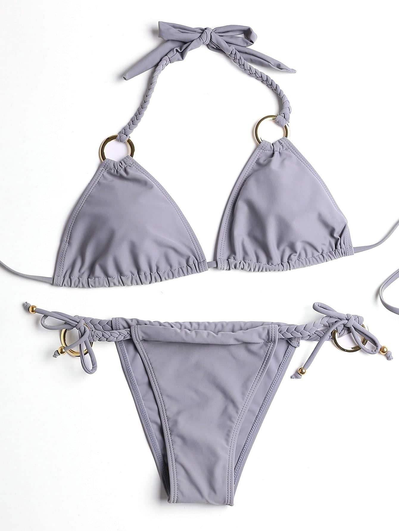 Grey Ring Detail Braided Strap Triangle Bikini Set | Romwe