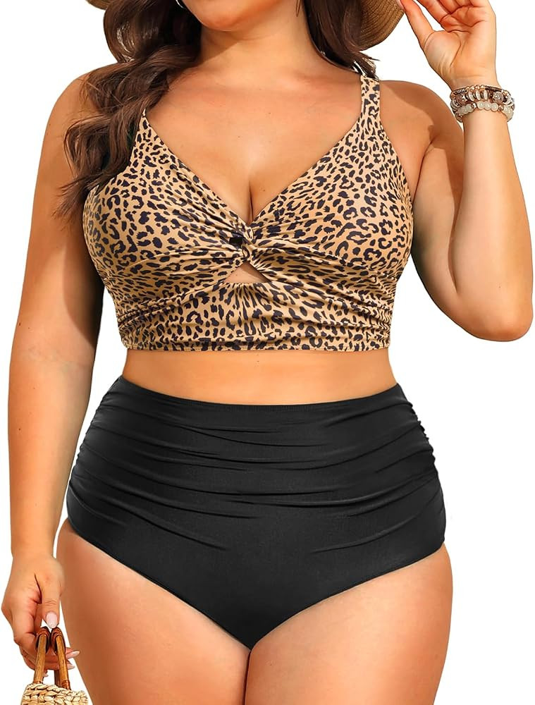 Daci Plus Size Two Piece Swimsuits - Women High Waisted Bikini Tummy Control Bathing Suits Knot T... | Amazon (US)