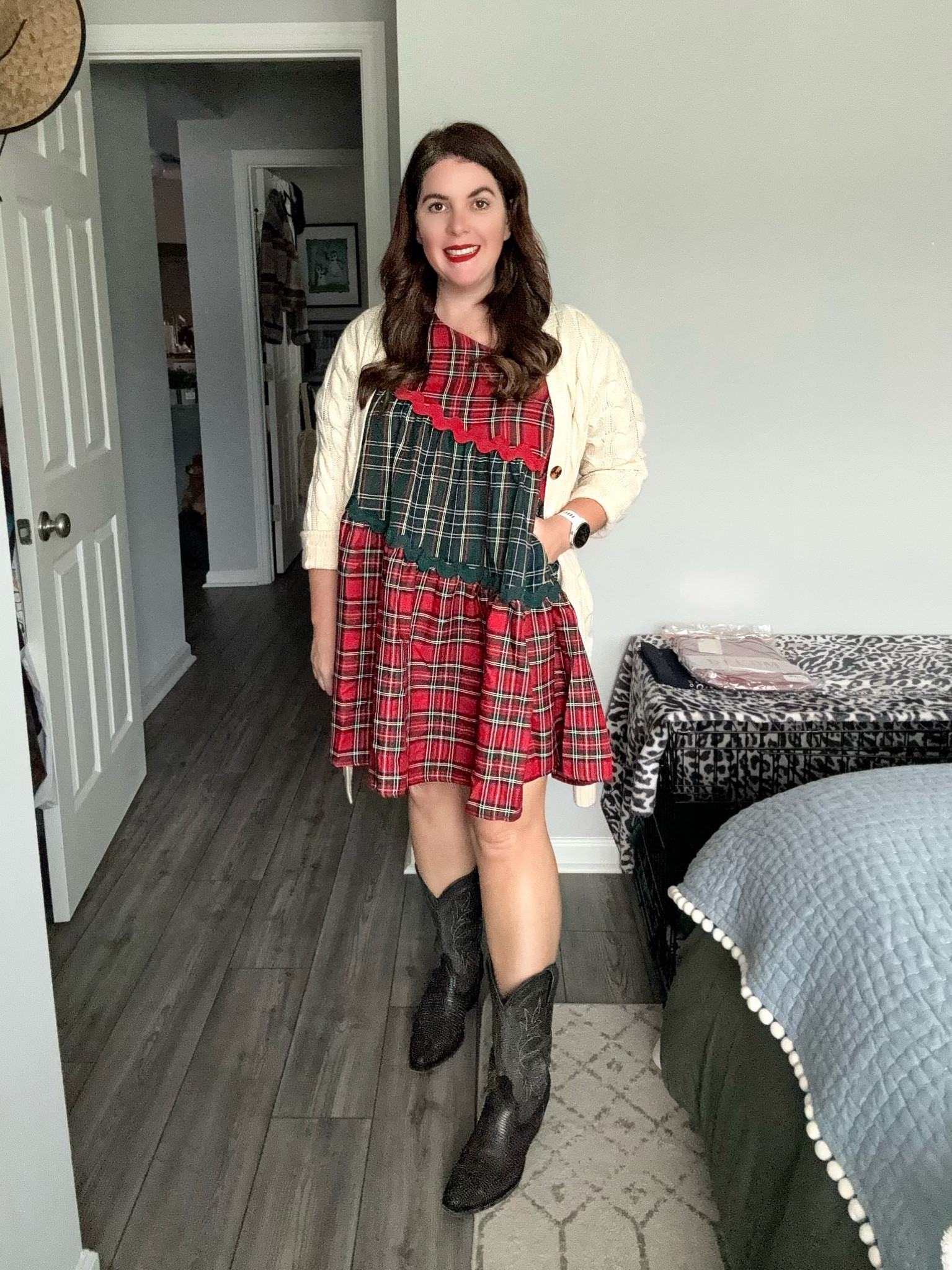 Lost the heels and added a long cardigan and some cowgirl boots and you are still ready for all of your holiday events! The dress is from Red Dress, it runs TTS and is also comes in an all red plaid! 

#LTKstyletip #LTKparties #LTKHoliday