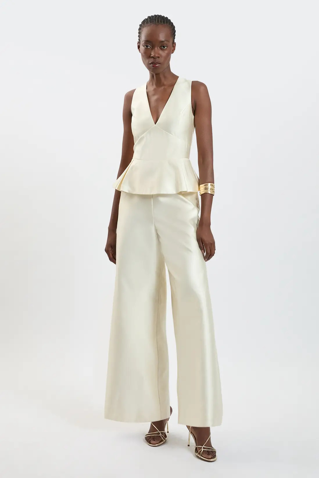 Satin Twill Peplum Wide Leg Jumpsuit | Karen Millen