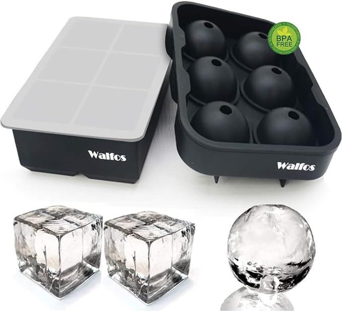 Walfos Silicone Ice Cube Tray Set, Sphere Ice Ball and Large Square Ice Cube Tray with Lid, Easy ... | Amazon (CA)