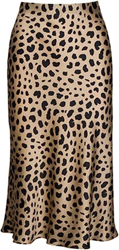 Leopard Print Skirt for Women Cheetah High Waist Silk Satin Elasticized Skirts | Amazon (US)
