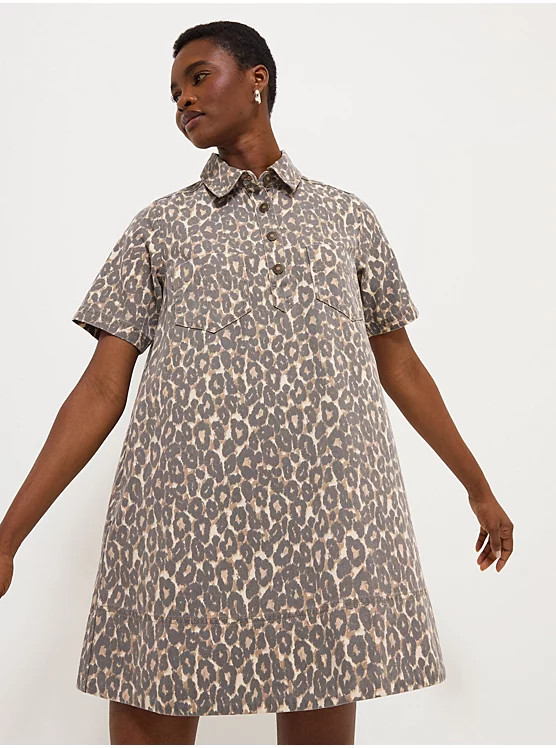 Leopard Print Denim Short Sleeve Shirt Dress | George