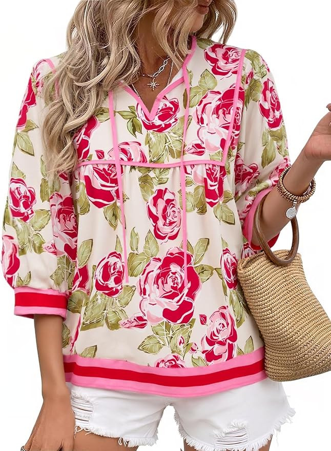 Cicy Bell Womens Floral Print Babydoll Blouse V Neck 3/4 Sleeve Peplum Tops Casual Loose Fit Boho... | Amazon (US)