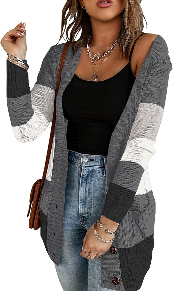 luvamia Womens Long Sleeve Open Front Buttons Cable Knit Pocket Sweater Cardigan | Amazon (US)